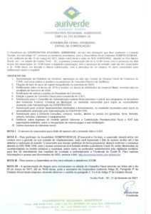 Cooperativa Regional Auriverde realiza Assembleia Geral Ordinária Semipresencial em 12 de março