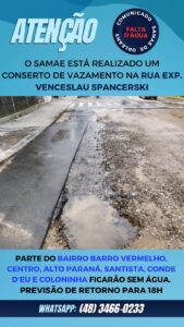 Samae comunica falta de água em diversos bairros da cidade neste dia 29, em Orleans